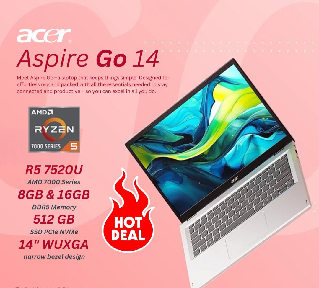 Acer Aspire GO 14 AMD Ryzen 5 7520U 8GB & 16GB RAM - 512GB SSD 14" FHD Display